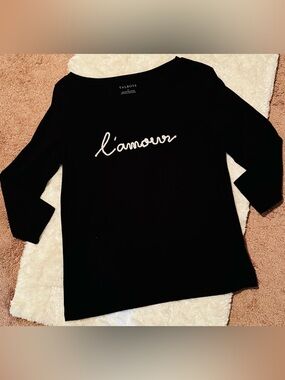 Talbots Black Knit Top with Ivory Rope 'l'amour' Embroidery, Small